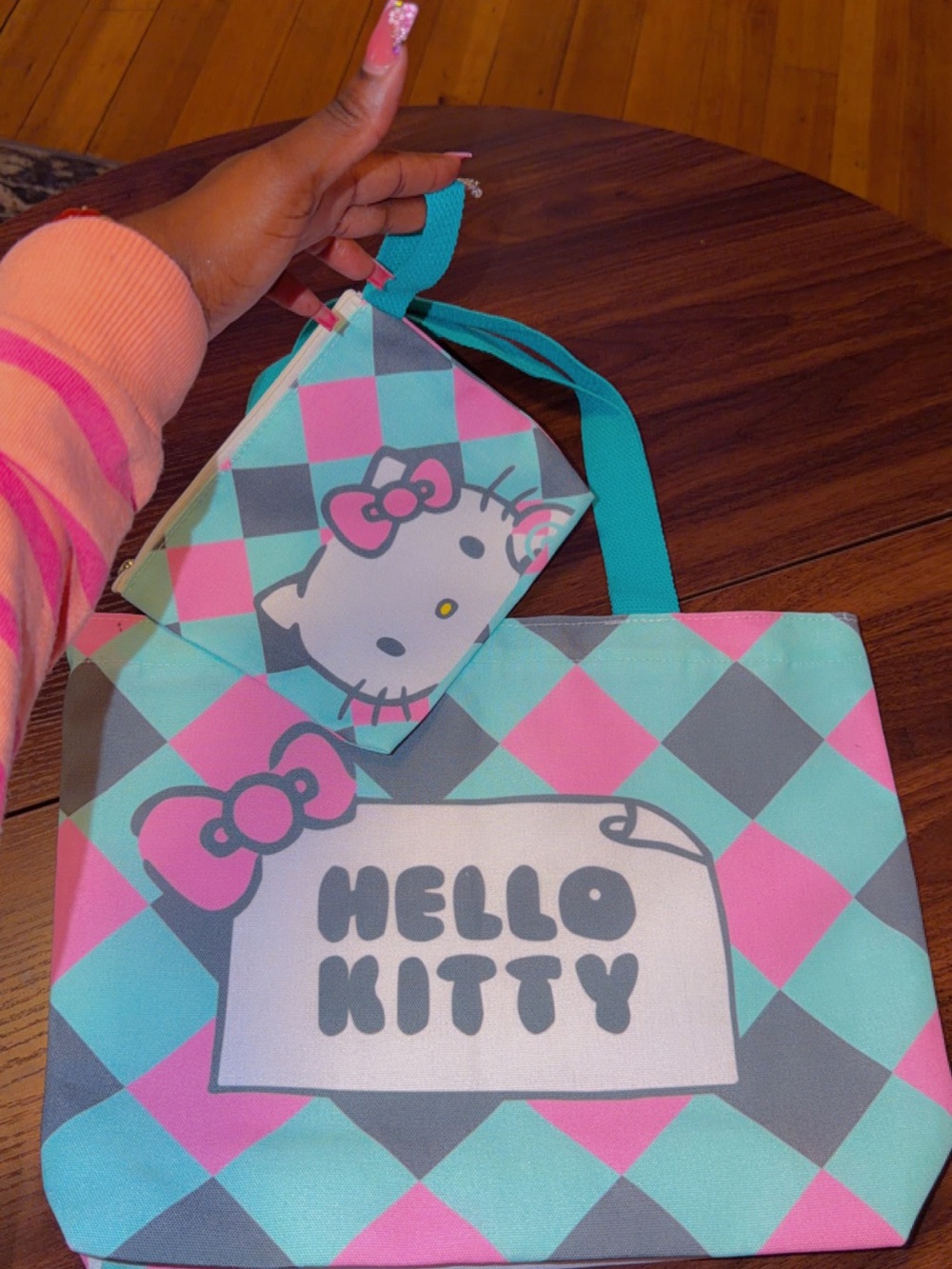 Hello Kitty Pink & Teal Argyle Kids Tote with Matching Coin Purse